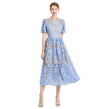 Elegant Slimming Waist with Hollow-Out Lace & Contrast  Dresses