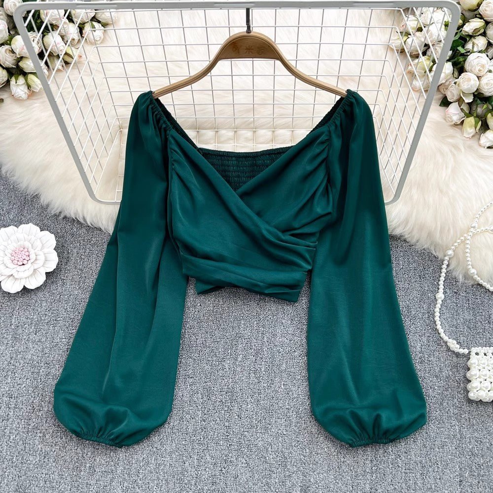 V-Neck Ruffle Bubble Sleeve Cropped Top