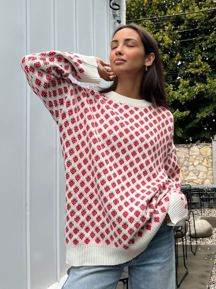 Oversized Strawberry Print Sweater
