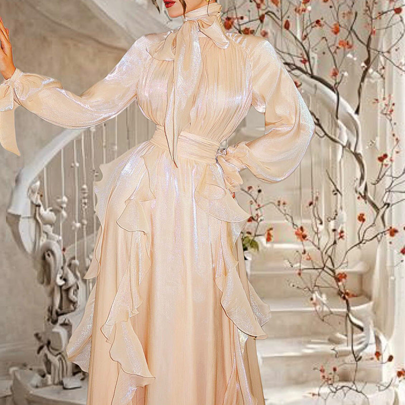 Summer Stand Collar Lantern Sleeve Ruffled Waist Dress for Women