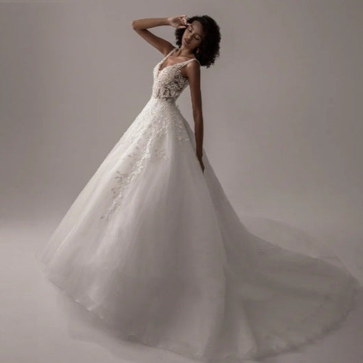 Fashion V Neck Sleeveless Brush Train Wedding Dresses