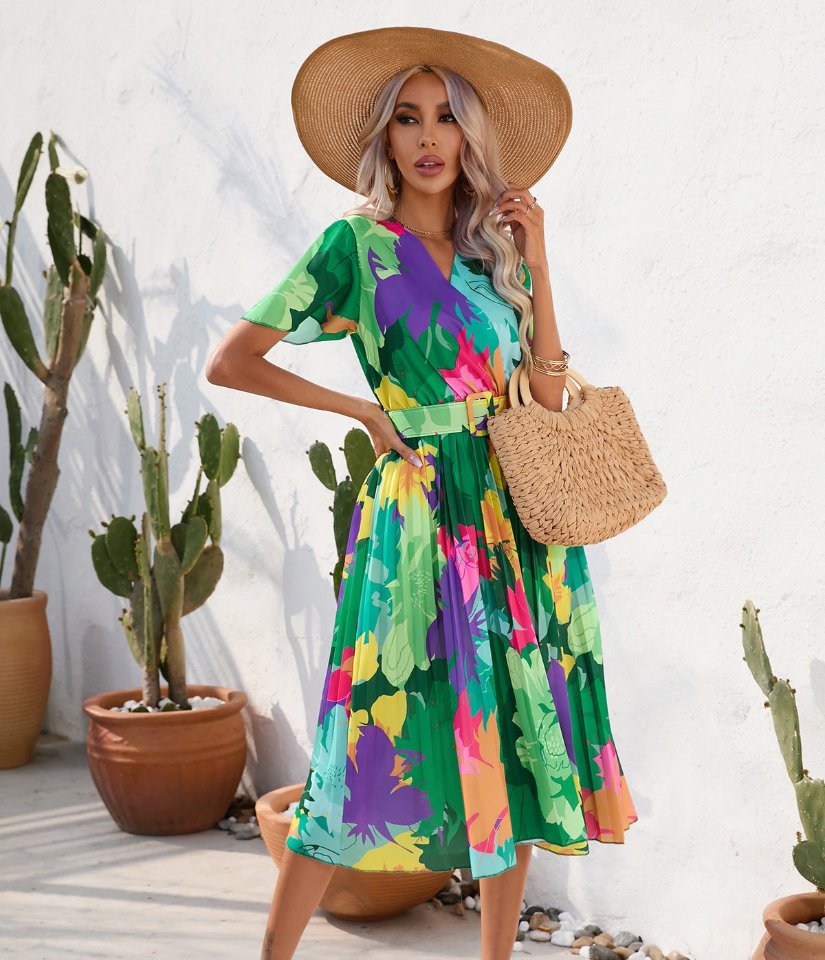 Summer Floral Print Crinkle Midi Short Sleeve Dress