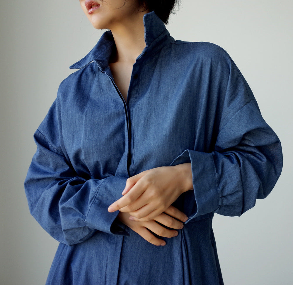 Blue Long Sleeve Loose Denim Shirts Maxi Dresses-Cozy dresses-Free Shipping at meselling99