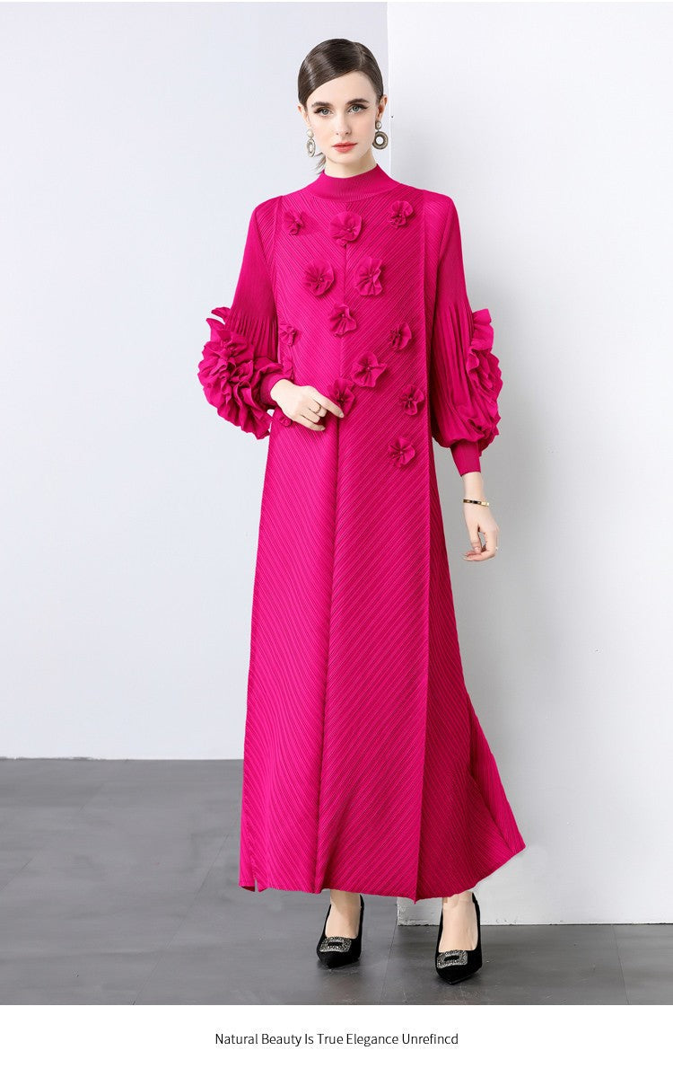 Stylish Slim-Fit Solid Color High Neck Dress with 3D Flowers