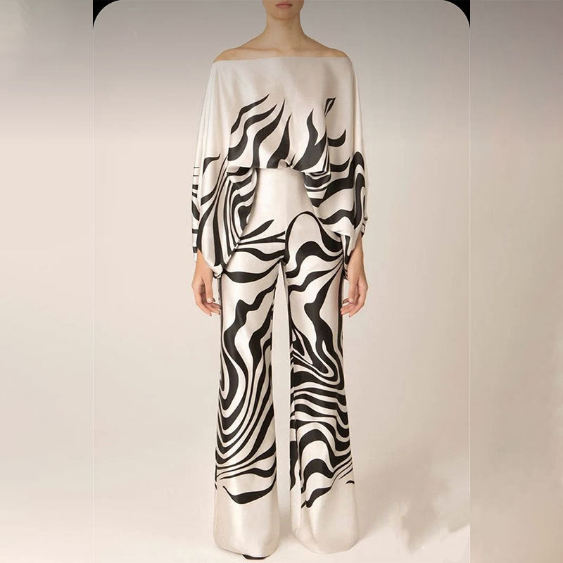 Women's Printed Round Neck Batwing Sleeve Top & Wide-Leg Pants Set