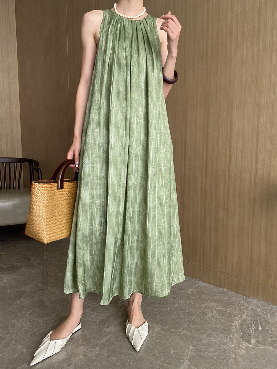 Summer Water Ripple Texture Round Neck Sleeveless Maxi Dress
