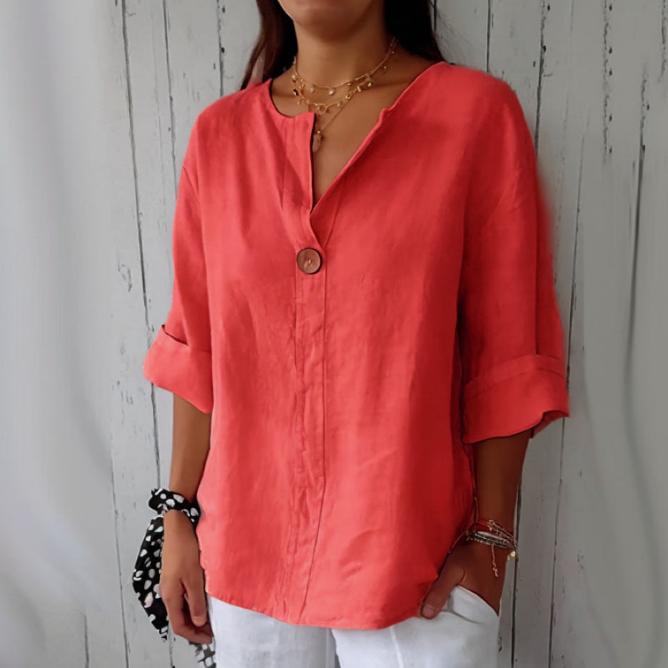 Women's Summer Loose-Fit V-Neck Cotton Linen Button-Up T-Shirt