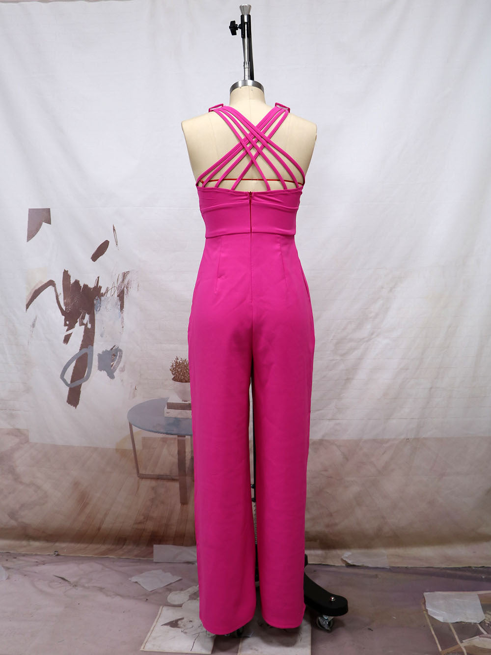 Sexy Shoulder Straps Rose Red Wide Legs Jumpsuits-Suits-Free Shipping at meselling99