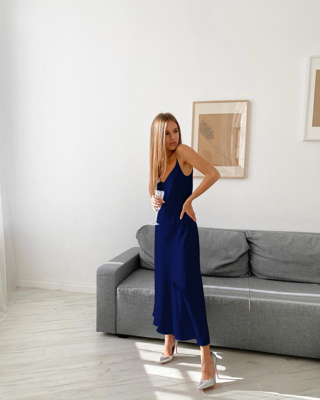 Sexy Satin Spaghetti Straps Women Dresses-Dresses-Blue-S-Free Shipping at meselling99