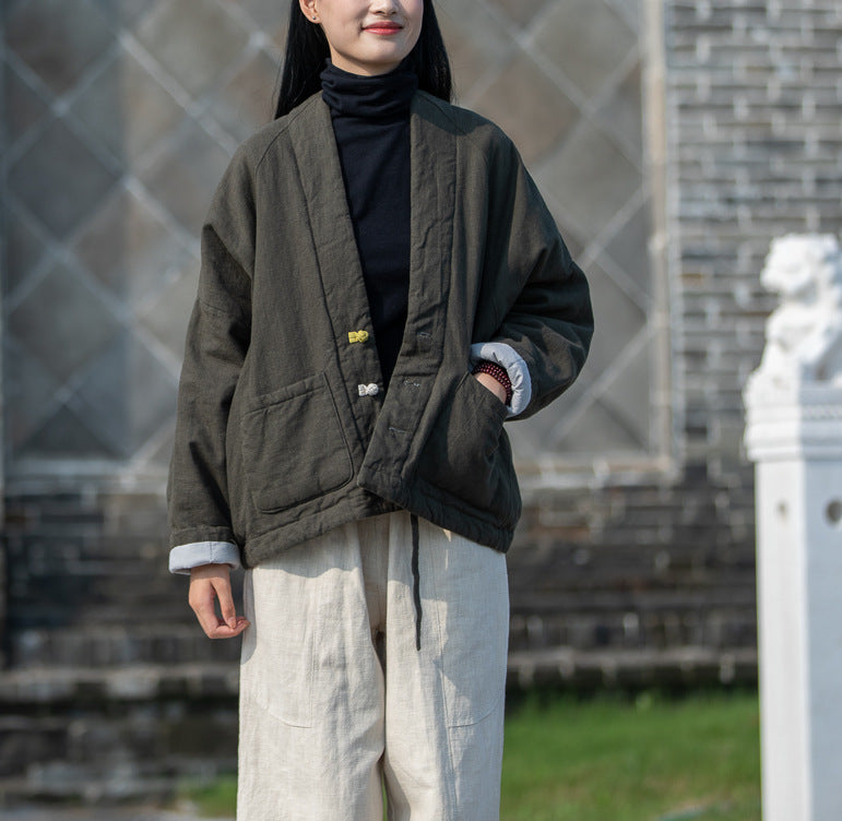 Vintage Linen Short Women Winter Outerwear