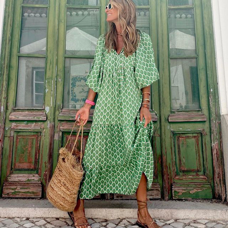 Plus Size Boho Print Dress with Puff Sleeves