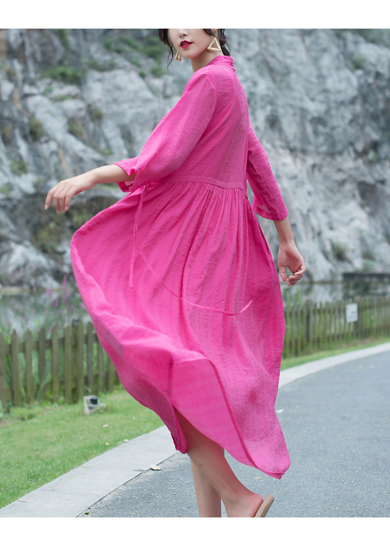 Casual Linen Half Sleeves Drawstring Long Cozy Dresses-Dresses-Free Shipping at meselling99