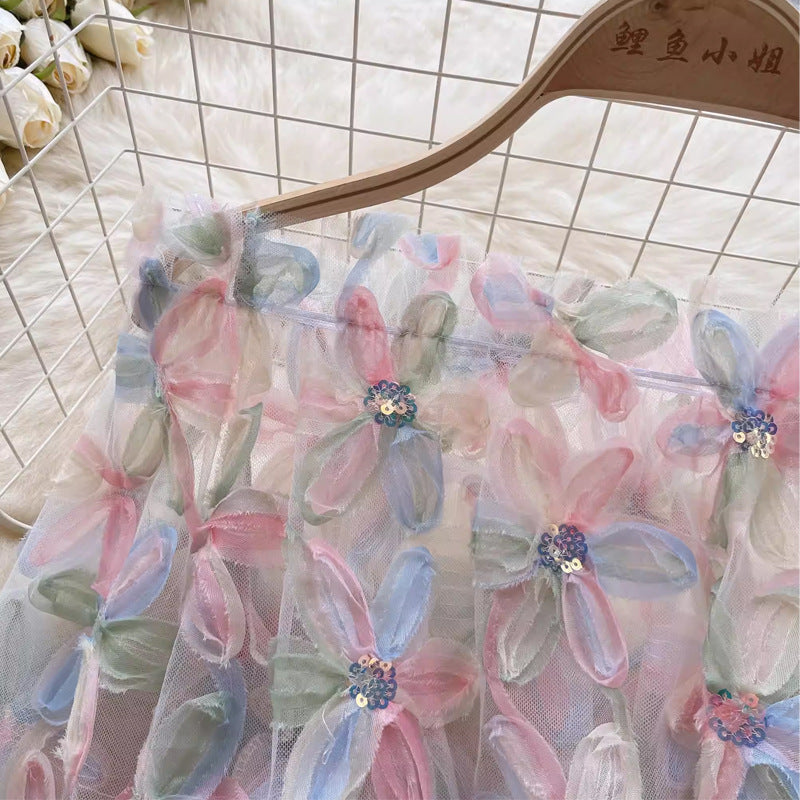 Fairy One-Shoulder Long Sleeve 3D Flower Mesh Shirt