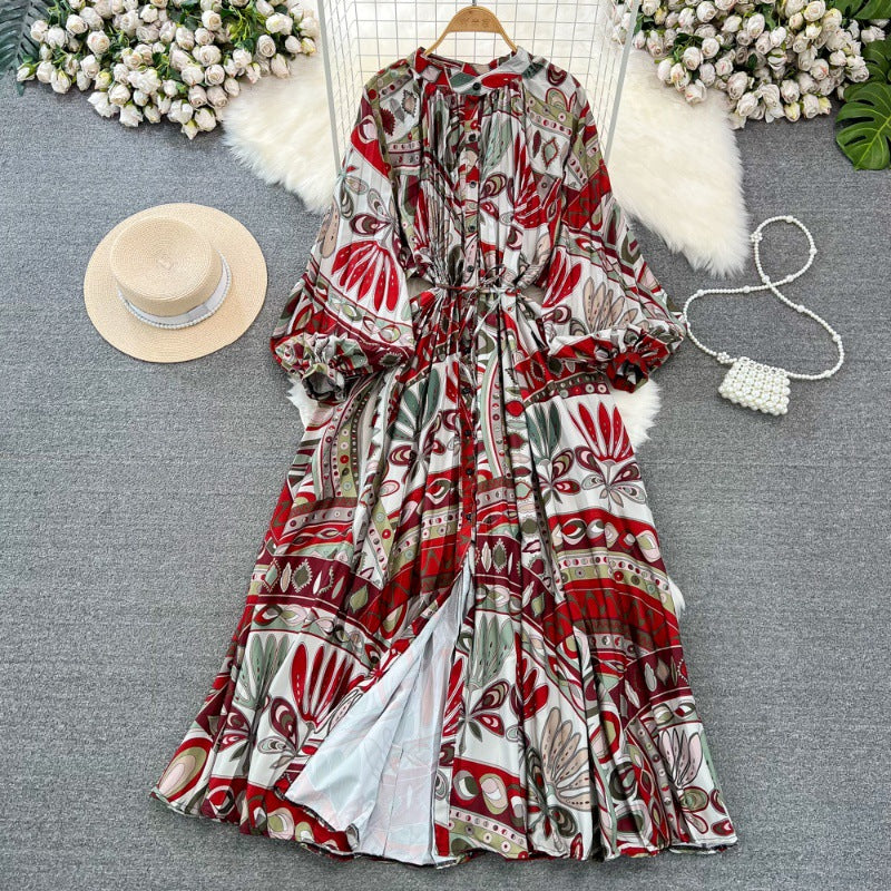 Retro Palace Style Lantern Sleeve Round Neck A-Line Floral Print Button-Down Waist Dress