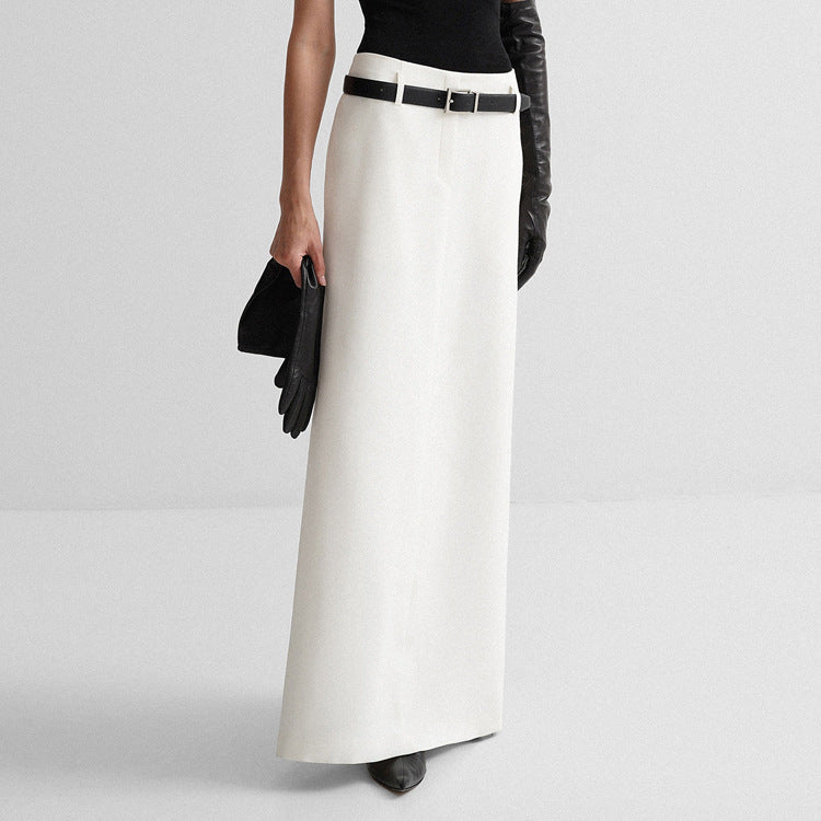 Designer A-Line White Low-Waist Midi Skirt – Unique Casual & Office Women's Skirt