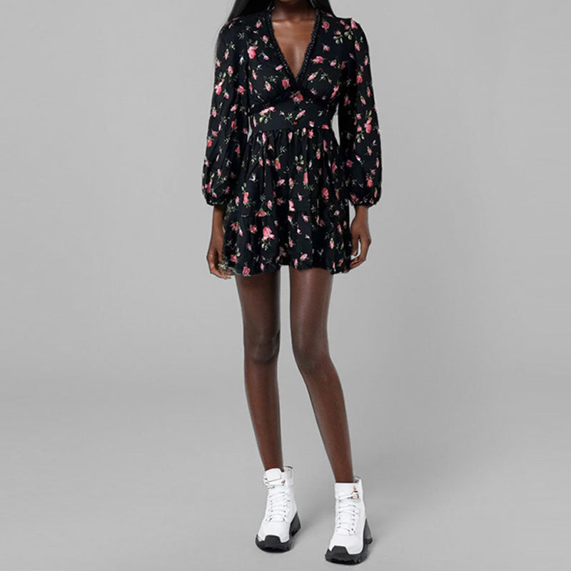 Sweet & Elegant Floral Print V-Neck Lace Dress