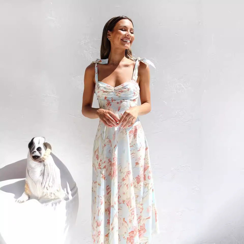 Summer Floral Print V-Neck Wrap Waist Midi Dres