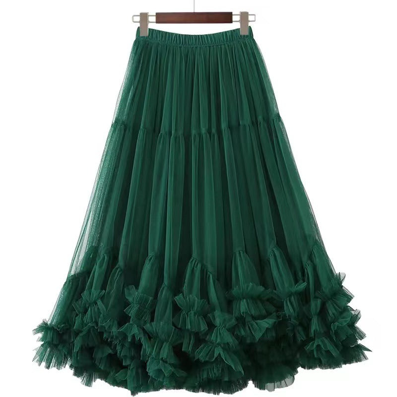 Layered Tulle Skirt with Floral Lace Trim-dark green-One Size-Free Shipping Leatheretro