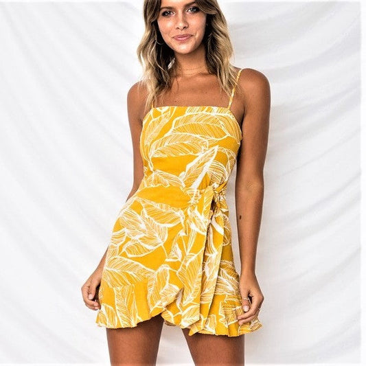 Women Leaf Print Chiffon Summer Irregular Beach Short Dresses