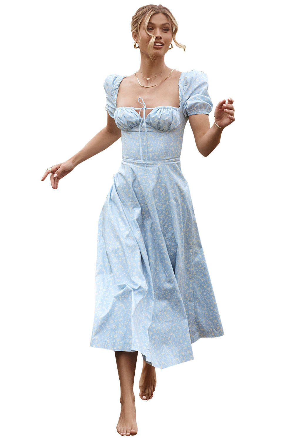 Women's Floral Wrap Slit Maxi Dress with Puff Sleeves