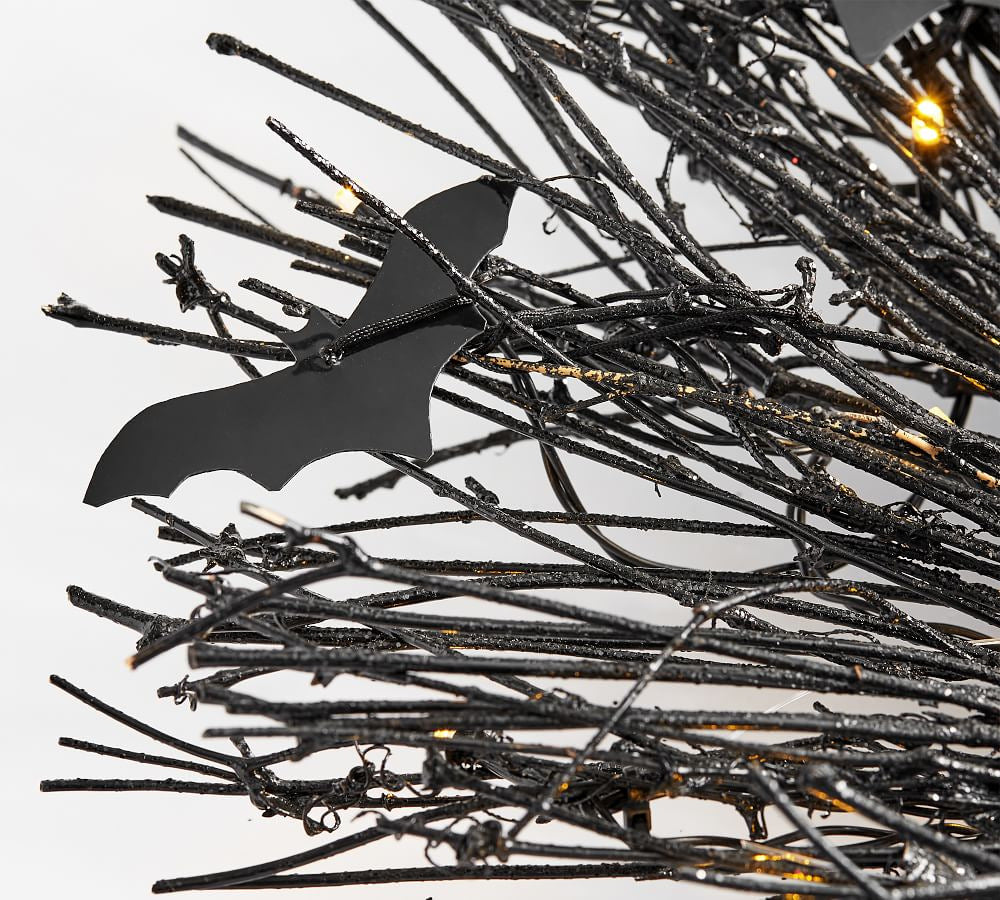 Halloween Black Bat Wreath with LED Lights - Wall Hanging Decor