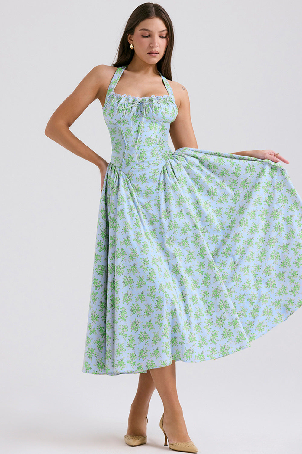 Women's Summer Floral Print Bodycon Halter Neck Maxi Dress