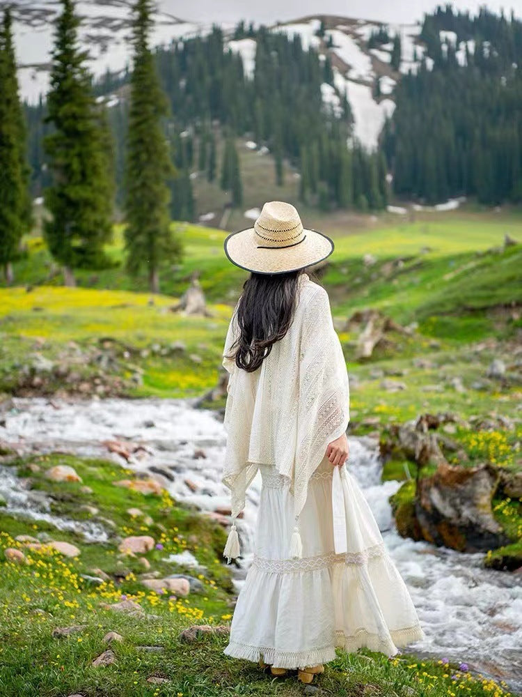 Boho Chic Knit Fringe Shawl – Ethnic Travel Wrap with Slit for Women