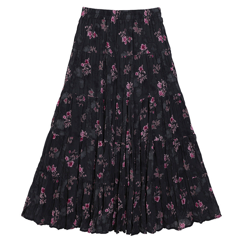 Yuan Su's new summer Wizard of Oz floral pleated skirt, high waist versatile and thin wrinkled A-shaped big swing skirt-Rose branch-one size fits all-Free Shipping Leatheretro