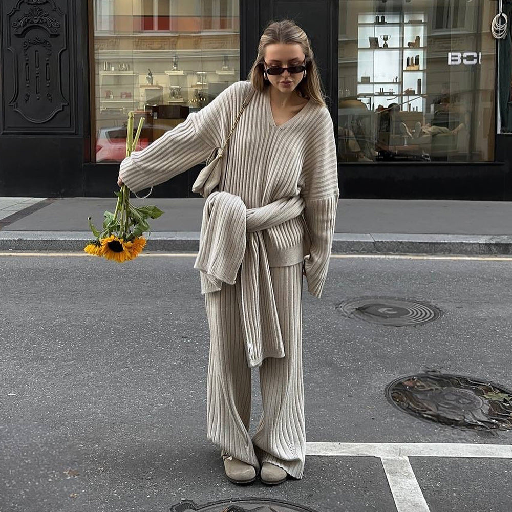 Women's V-Neck Ribbed Knit Sweater Set