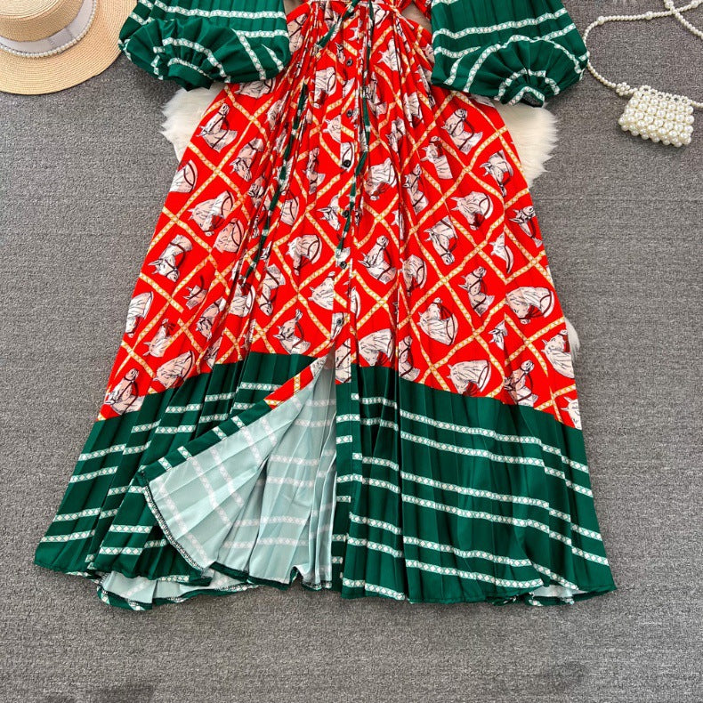 Retro Palace Style Lantern Sleeve Round Neck A-Line Floral Print Button-Down Waist Dress