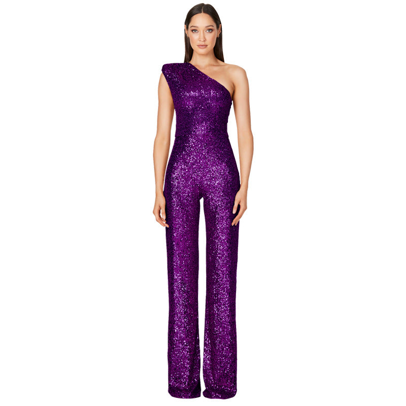 Sexy One Shoulder Sequined Jumpsuits