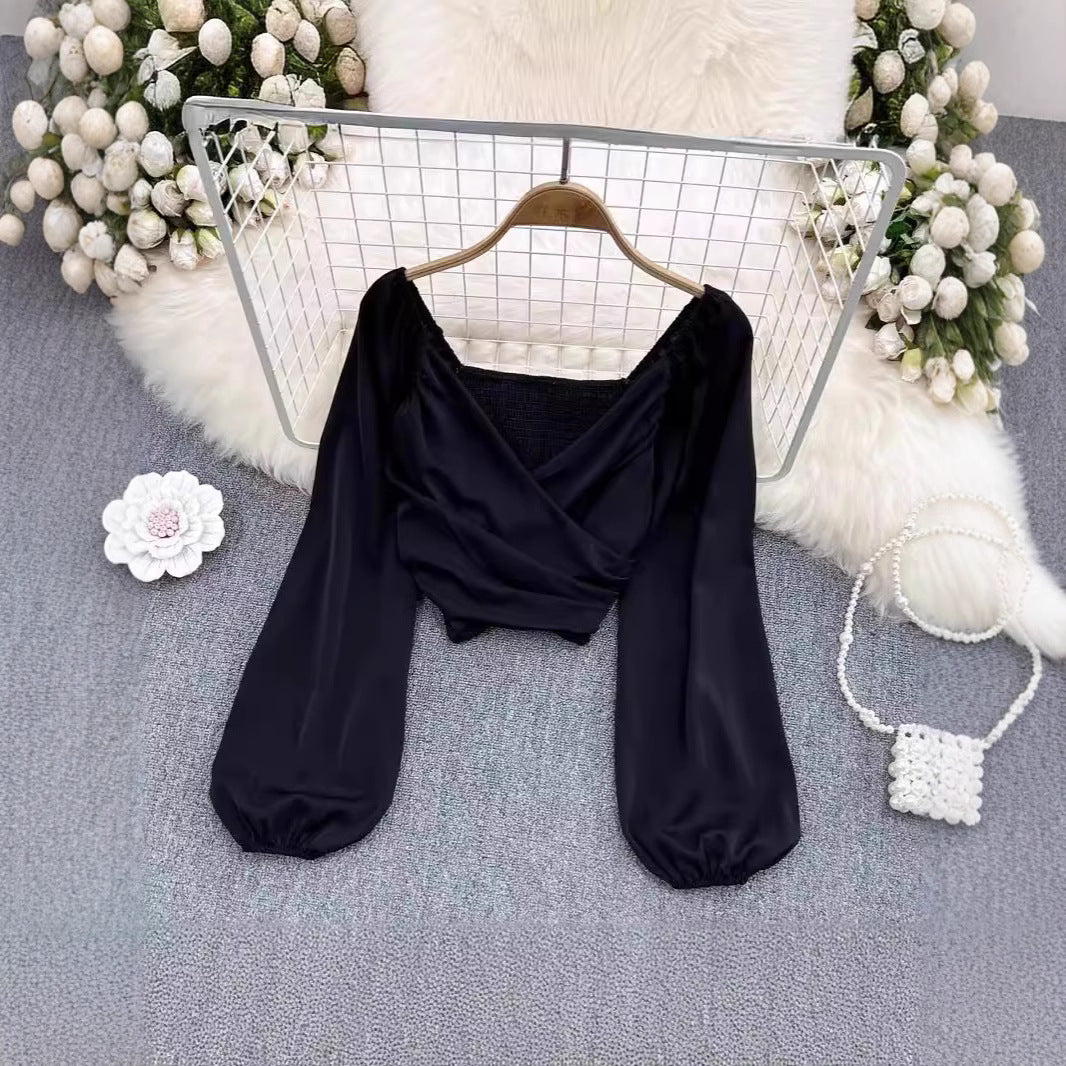 V-Neck Ruffle Bubble Sleeve Cropped Top