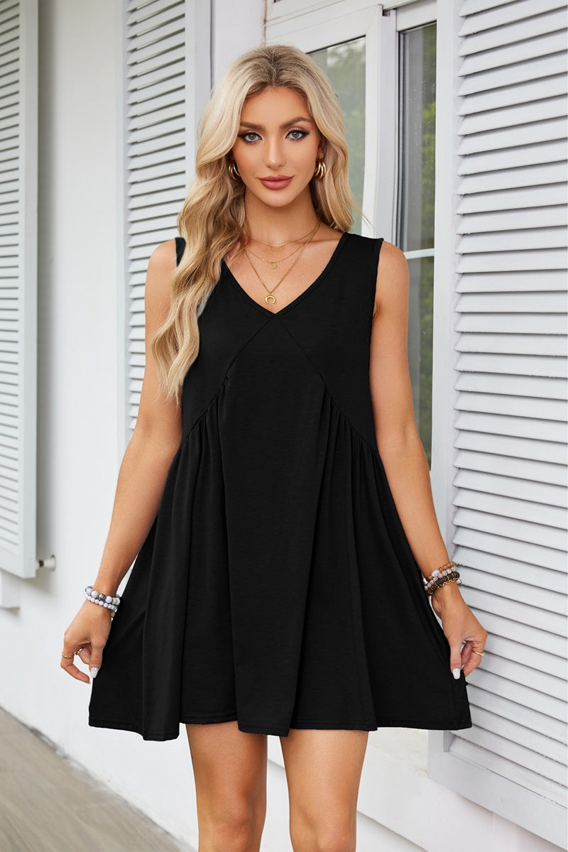 V-Neck Sleeveless Pleated Vest Pocket Dress