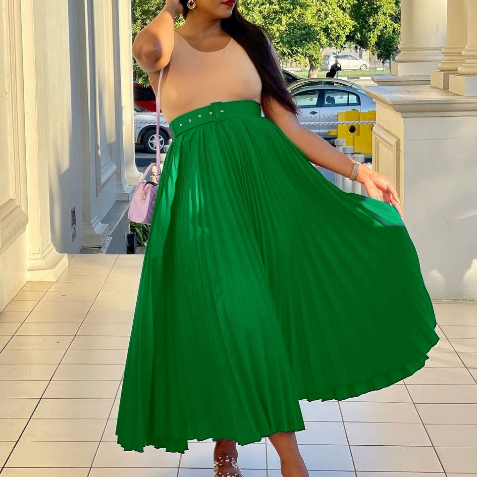 High-Waisted Pleated Midi Skirt with Belt