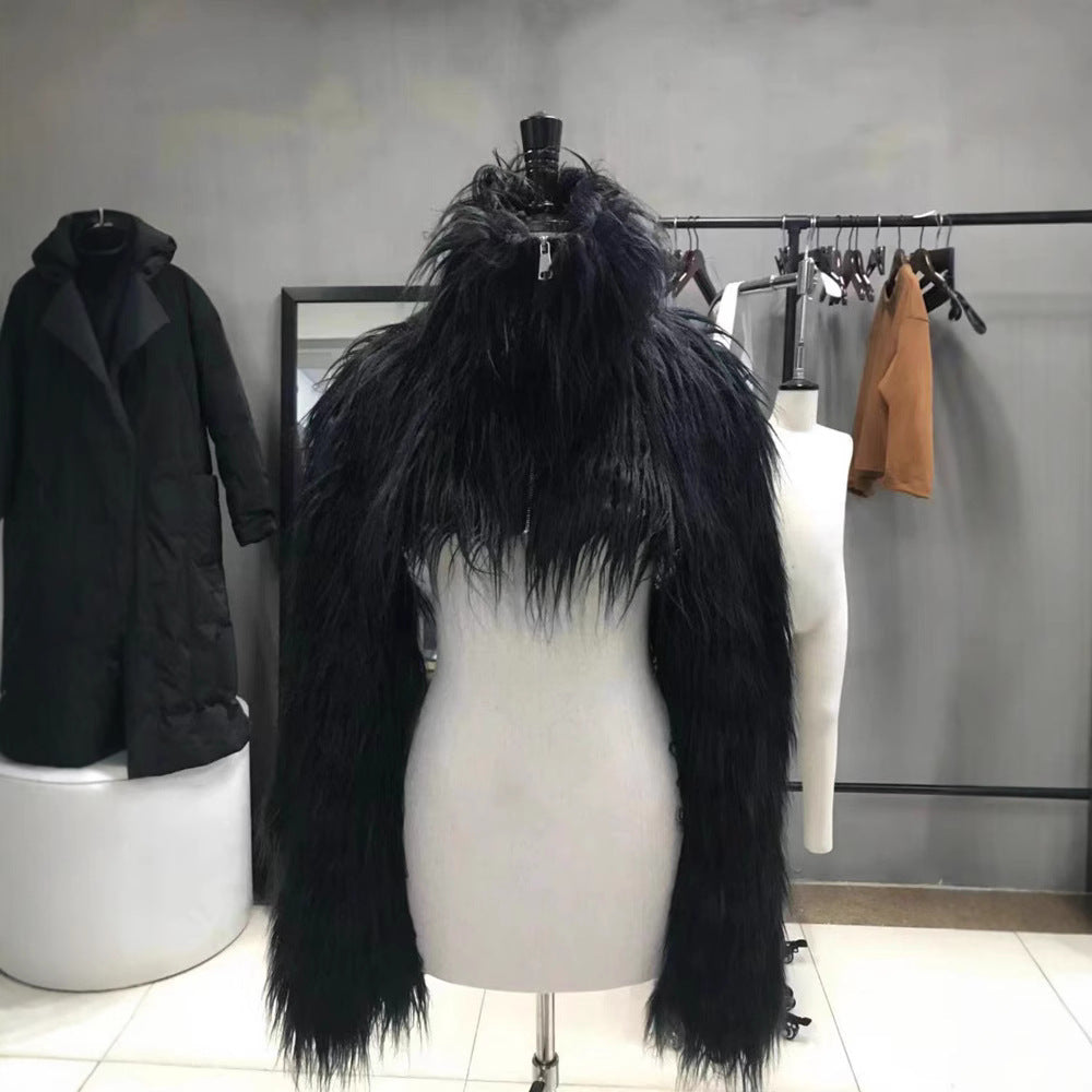 Halloween Dark Fantasy Horned Headpiece & Cropped Faux Fur Jacket Set