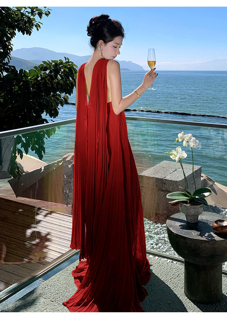 Elegant Neck-Tie Flowy Ruffle Dress – Maxi Pleated Skirt, Resort Vacation & Beach Cover-Up