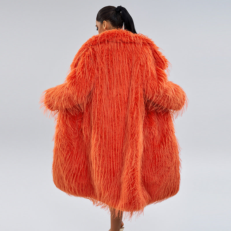 Long Fringe Fur Coat – Stylish Solid-Color Faux Fur Outerwear