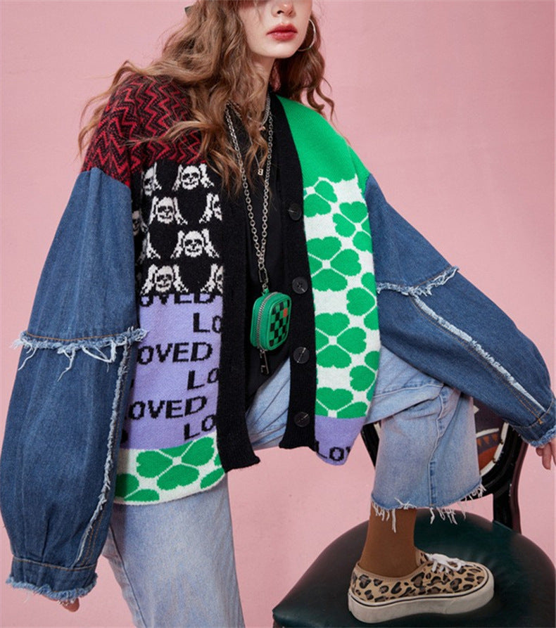 Women's Denim Patchwork Sweater Cardigan