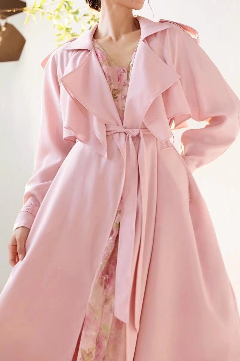 Elegant Pink Long Belted Lightweight Draped Trench Coat