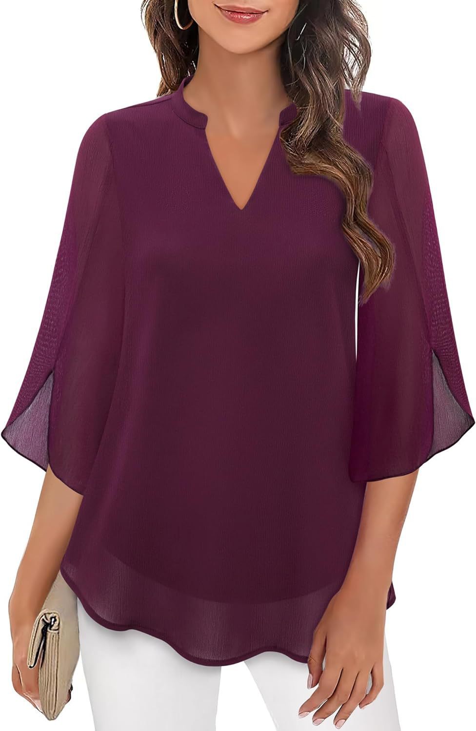 Women's Flowy V-Neck Chiffon Blouse with Petal Sleeves