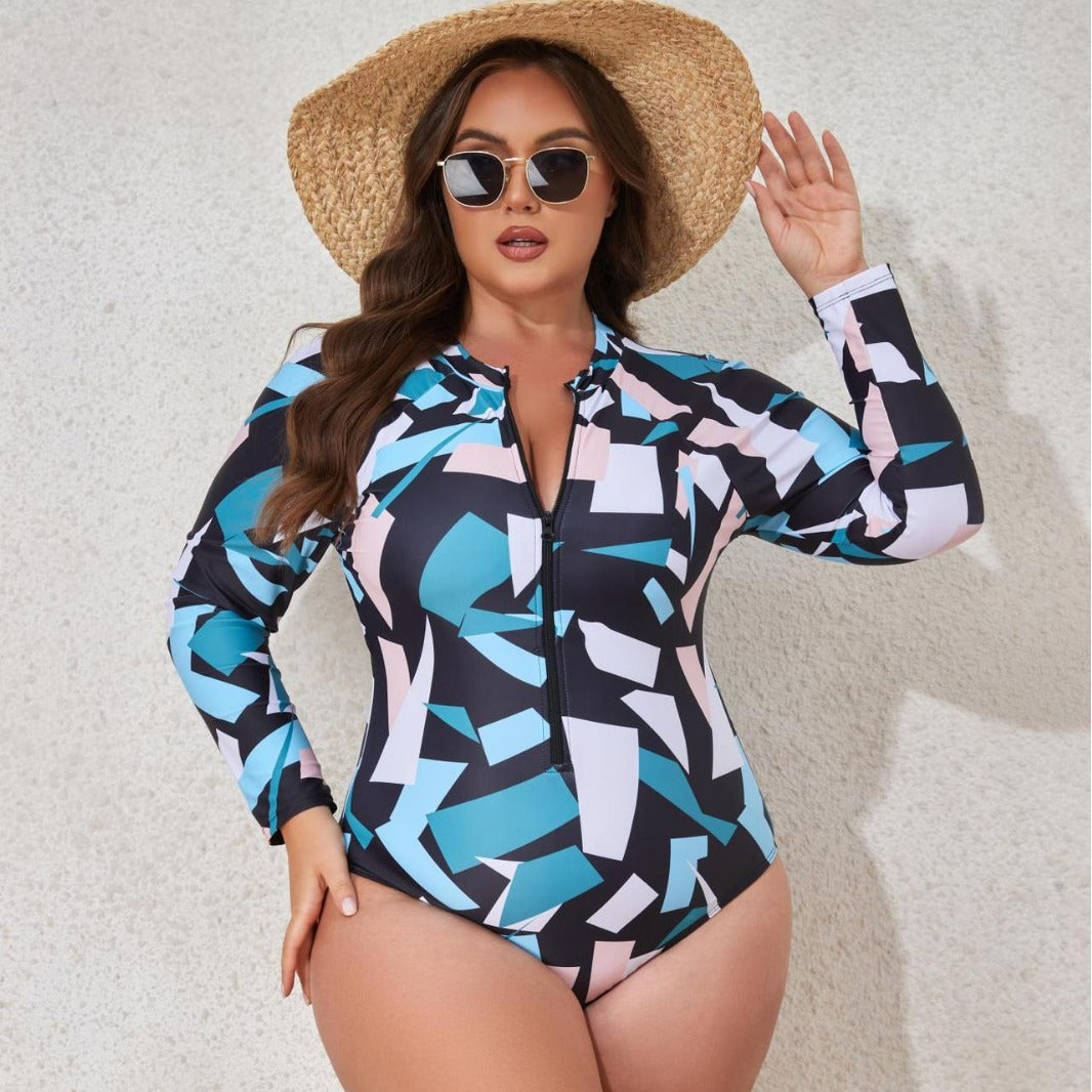 Women's Printed Long Sleeve Zip-Up One-Piece Swimsuit