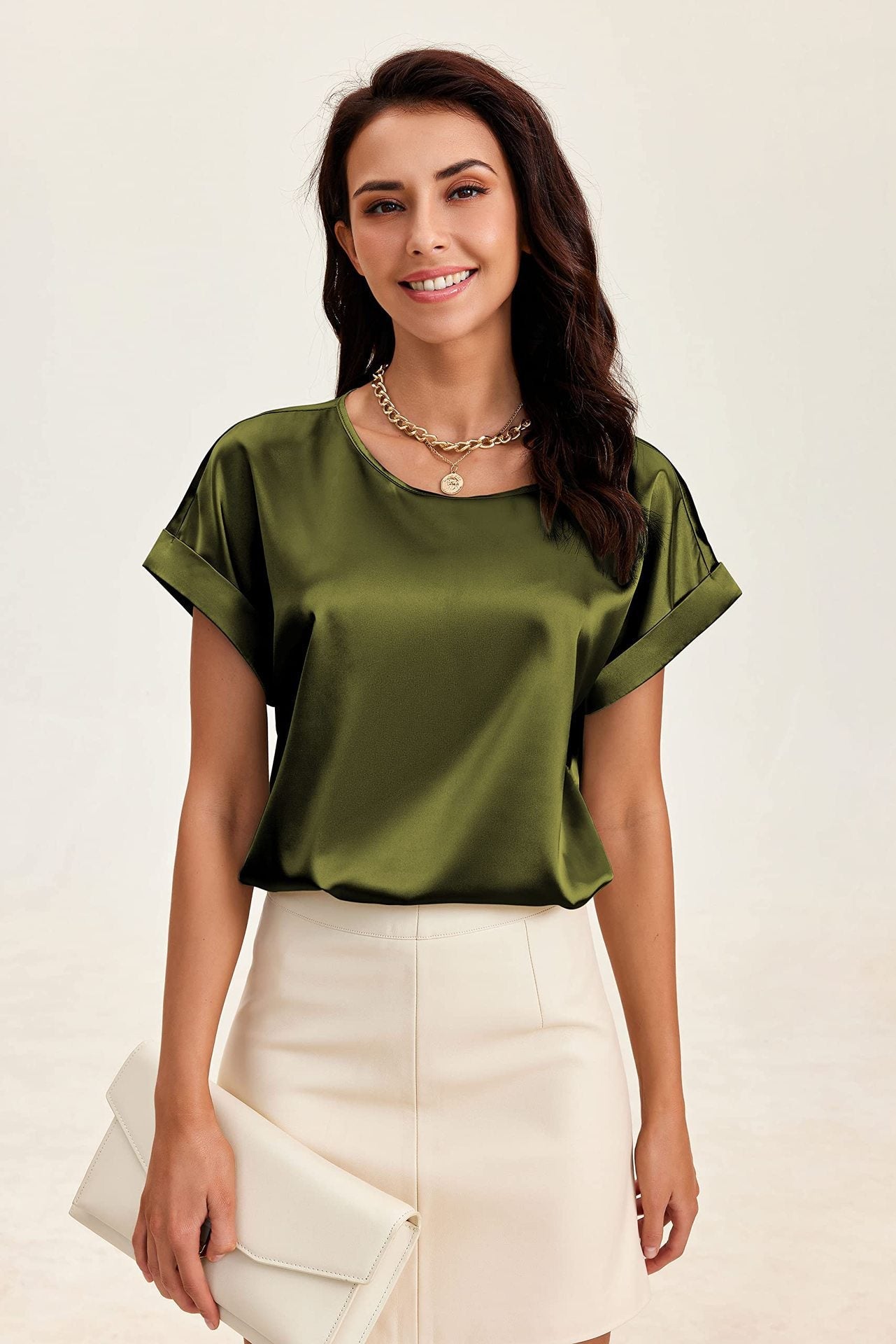 Simple Design Satin Women Short Sleeves Blouses