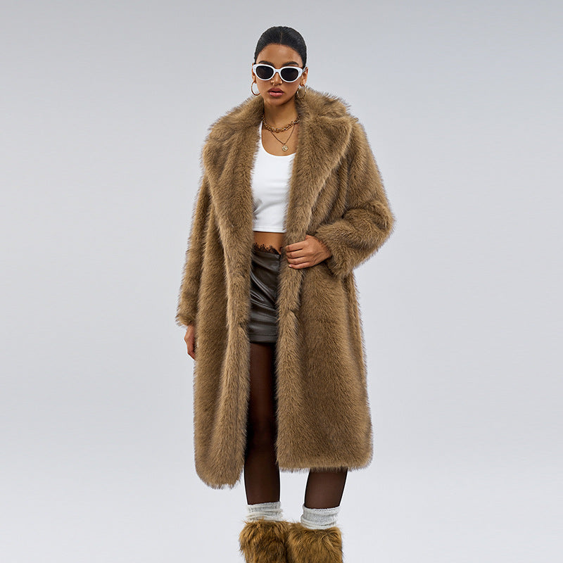 Women's Long Faux Fur Coat – Winter & Autumn Oversized Blazer Collar Jacket