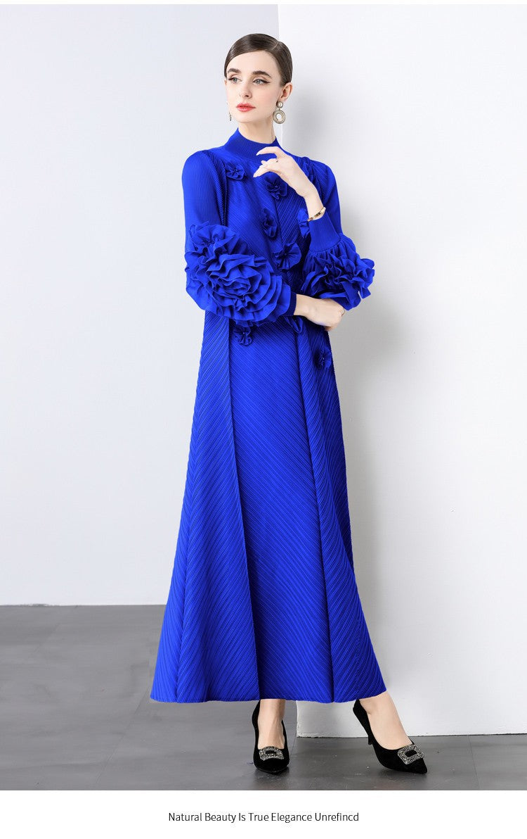 Stylish Slim-Fit Solid Color High Neck Dress with 3D Flowers