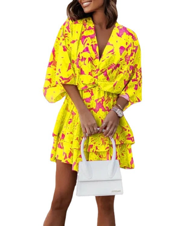 Casual V Neck Bat Sleeves Short Dresses