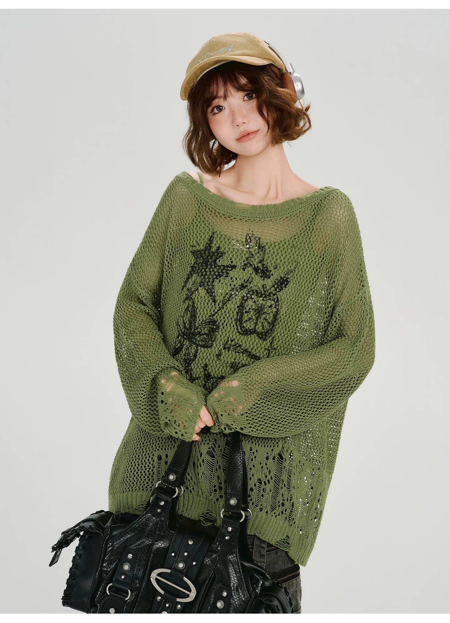 Girlyhalo Retro Y2K Printed Hollow-Out Knit Top