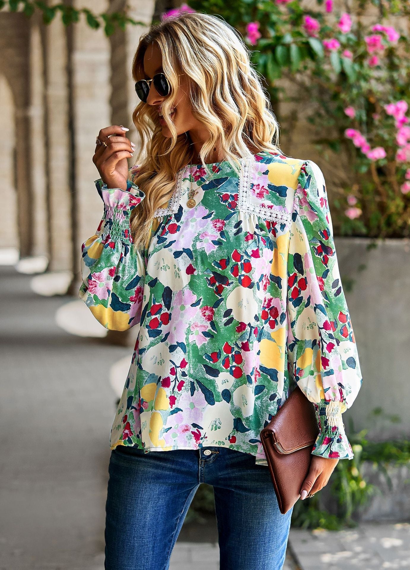 Elegant Floral Print Long Sleeves Blouses