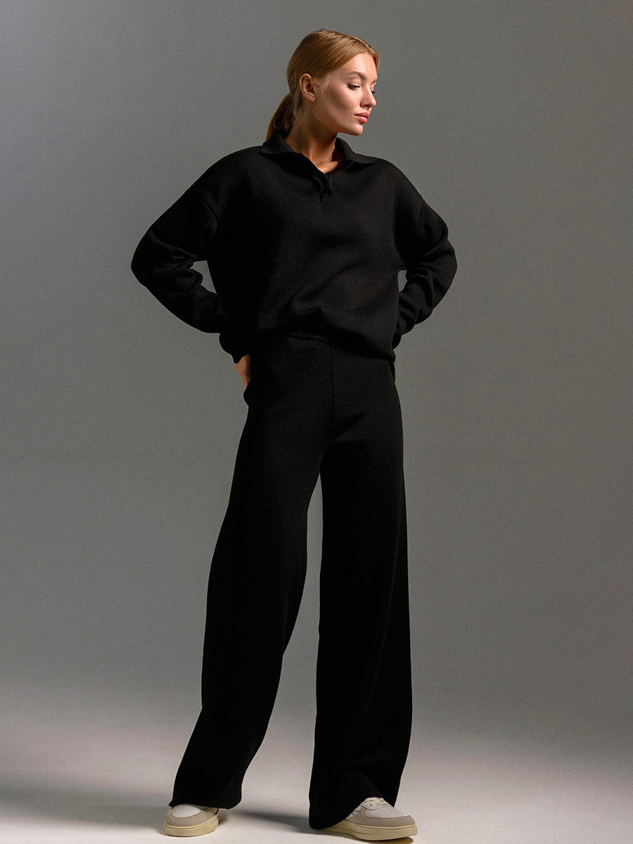 Fashion Winter Polo Neck Knitted Tops & Wide Legs Pants