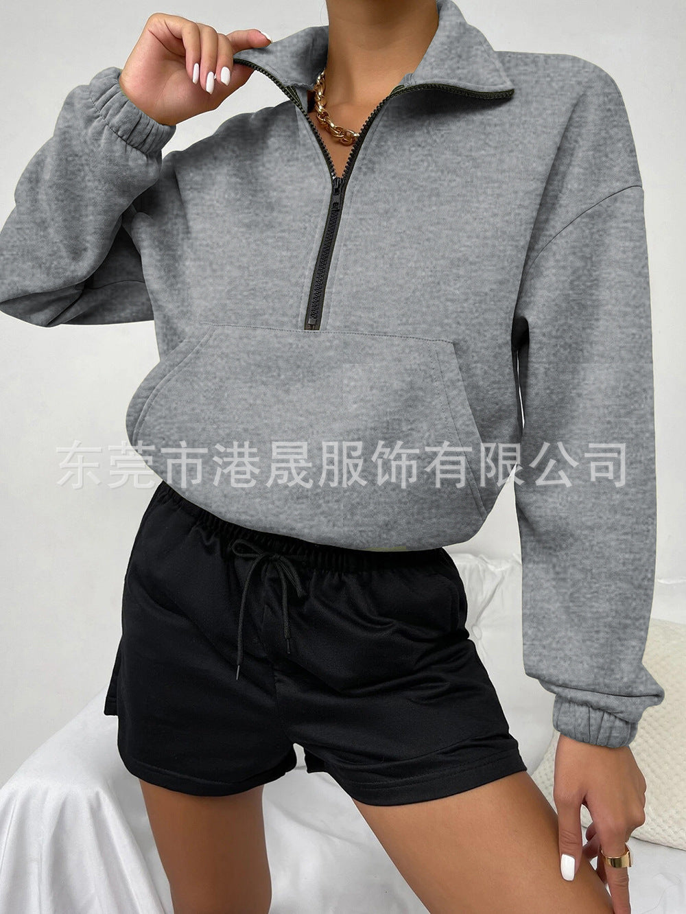 Casual Women Stand Collar Zipper Loose Hoodies