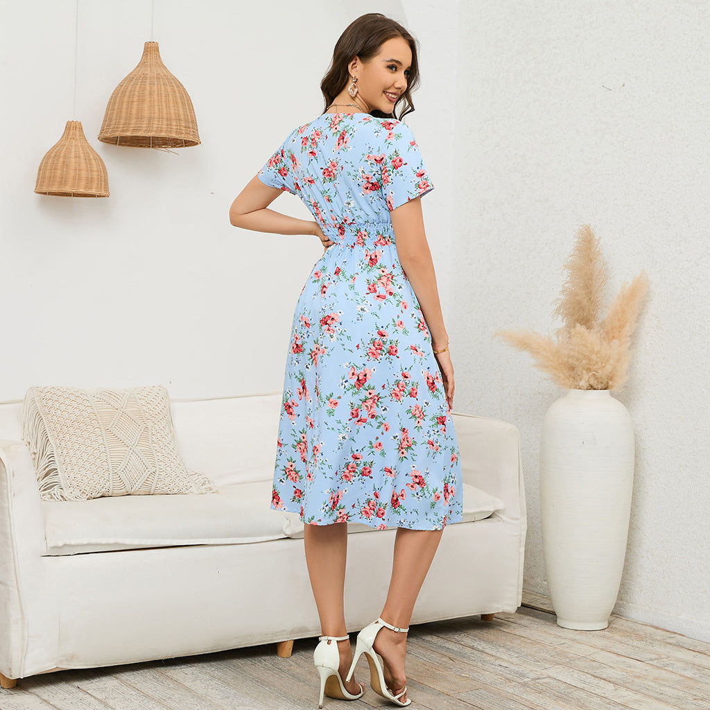 Stretchy Waist Printed Maternity Chiffon Dress